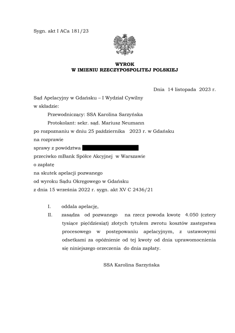 Wyrok SA w Gdańsku I ACa 181/23