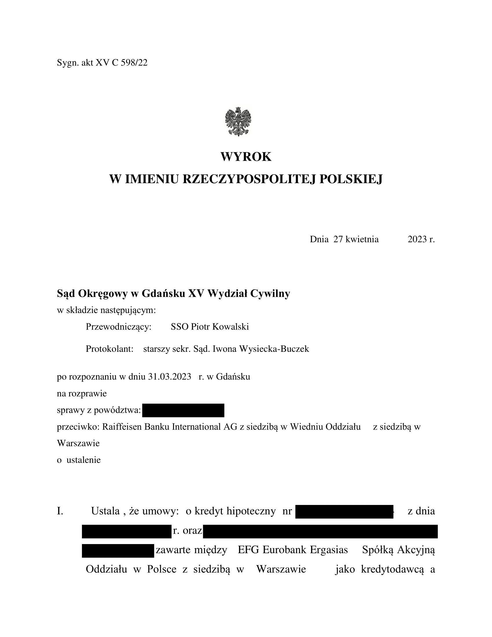 Nieważność umów kredytu z Raiffeisen (SO w Gdańsku, XV C 598/22)